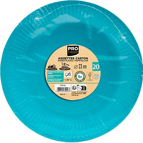 Türkisblaue Pappteller in Folie verpackt. Auf dem Label stehen Durchmesser und die Anzahl der Teller.