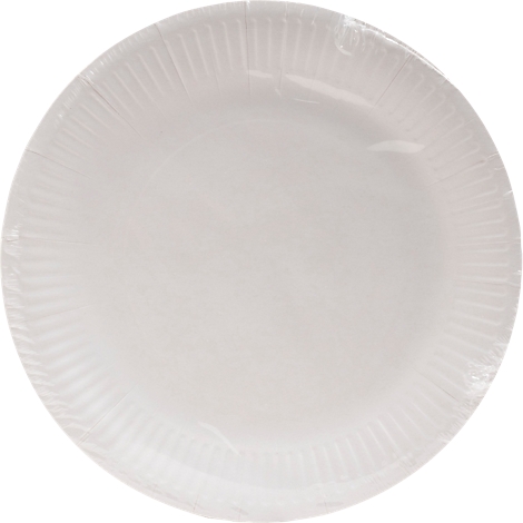 Ein weisser Pappteller, in Plastikfolie verpackt, liegt vor neutralem Hintergrund.