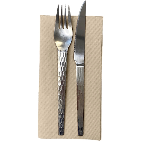 Gabel und Messer aus Edelstahl auf einem Papierservietten.