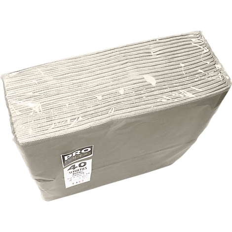 Graue Servietten in Plastik verpackt. Auf der Verpackung steht 'PRO Pappe' und '40 Servietten'.