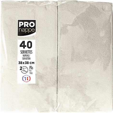 Packung Servietten, cremefarben, in Folie verpackt. Aufdruck mit Hersteller, Anzahl 40, Abmessungen.