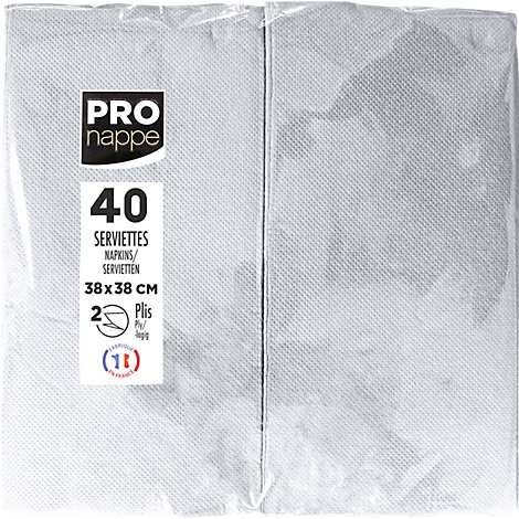 Packung weisse Servietten, 40 Stück, 38x38 cm. Mit "PRO nappe" Logo und Produktinformationen.