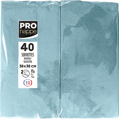 Hellblaues Servietten-Paket. Aufgedruckt sind "PRO nappe", "40 Serviettes", Grösse und "2-fach gefaltet".
