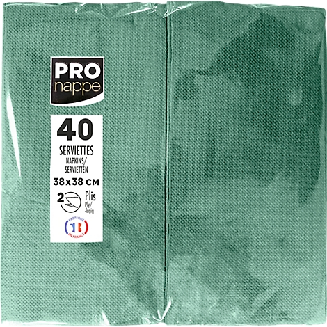 Ein eingepacktes Paket grun Servietten, grun. Aufgedruckte Schrift: "PRO nappe", "40 Servietten, 38x38 cm".