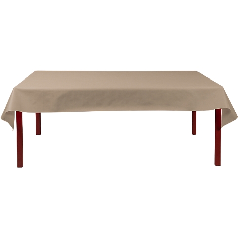 Een rechthoekige tafel met een beige tafelkleed, op rode poten.