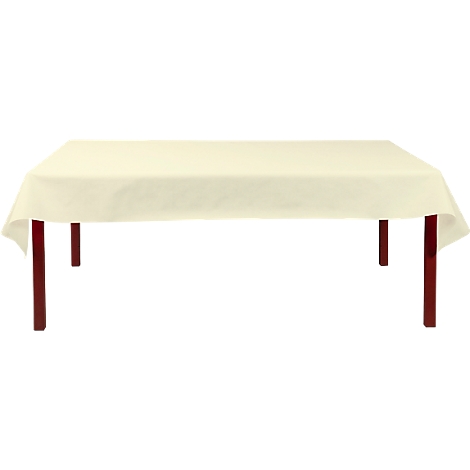 Beige tafelkleed op een tafel met bruine poten.