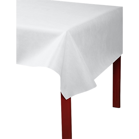 Een witte tafelkleed bedekt een tafel. Rode tafelpoten contrasteren met de witte doek.