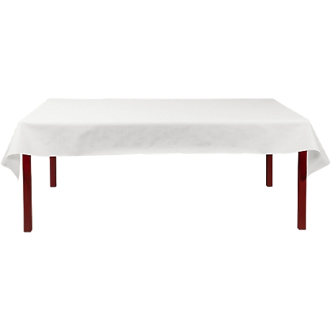 Een rechthoekige tafel met een wit tafelkleed op rode tafelpoten.