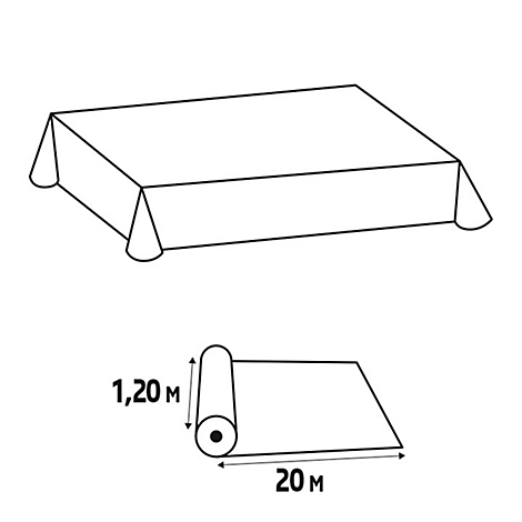 Schematische weergave van een tafelkleed, op een tafel of als rol. Afmetingen zijn aangegeven.