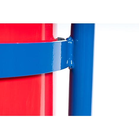 Detail: Red cylinder with blue stripe and support bar, connected by weld.