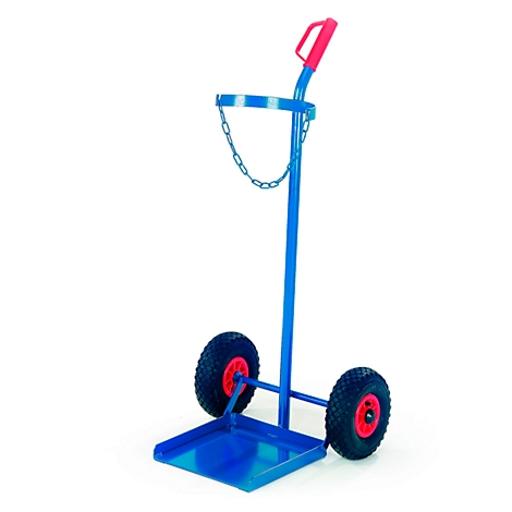 Blue bottle cart, red handle, two wheels, chain.