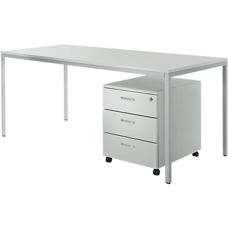 White desk with metal frame and three-drawer rolling cabinet.