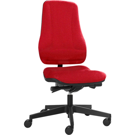 Ein ergonomischer Bürostuhl in Rot. Er hat eine hohe Rückenlehne, eine geformte Sitzfläche und ein schwarzes Gestell mit Rollen.