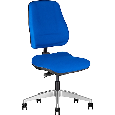 Blue office chair with wheels. Padded backrest and seat, metal frame.