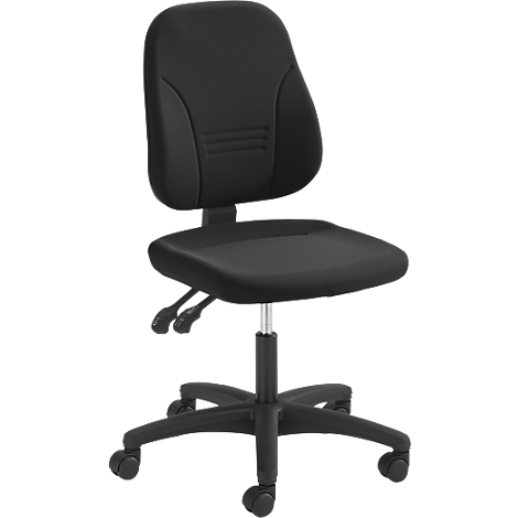 Black office chair with castors. Backrest and seat are padded. Two levers under the seat.
