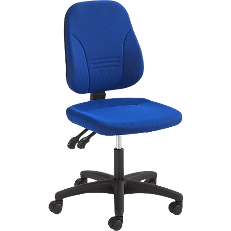 Blue office chair with backrest, seat and rolling base.