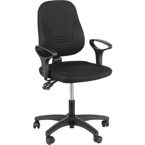 Black office chair with armrests, five casters, height adjustable.