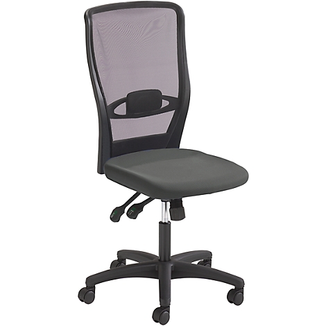 A black office chair on casters. It has a mesh back and a padded seat.
