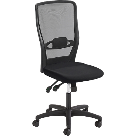 Black office chair with mesh back, seat, armrests and castors. Adjustable, modern, ergonomic.
