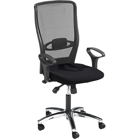 Black office chair with mesh back, armrests and chrome base on wheels.
