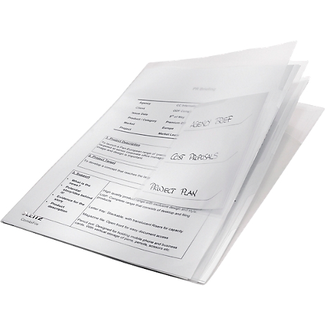 Ordner mit losem Papier. Beschriftungen: 'Agency Brief', 'Cost Proposals', 'Project Plan'. Die Blätter sind leicht transparent.