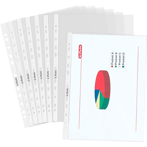 Transparente Prospekthüllen mit Diagramm. Auf einem Blatt ist ein Tortendiagramm mit der Aufschrift „Produkt A, B, C, D“ zu sehen.