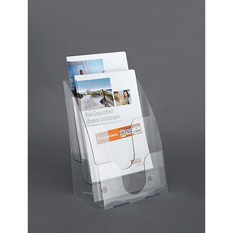 Transparenter Prospekthalter aus Acryl auf grauem Hintergrund mit Infobroschüren.