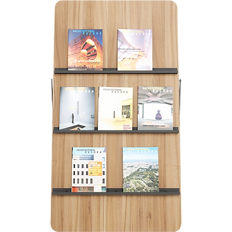 Bücherregal aus Holz mit Zeitschriften. Zeitschriften zeigen Architektur, Titel und Bilder von Gebäuden und Landschaften.