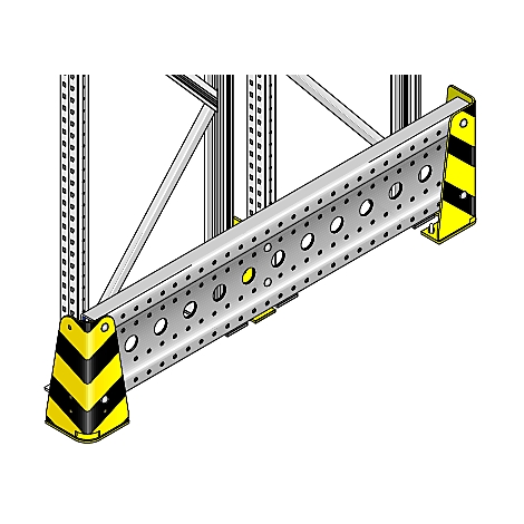 Estantería metálica con perforaciones y protección de esquinas amarilla y negra. Detalles de la construcción de la estantería.