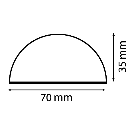 Una forma semicircular que mide 70 mm de ancho y 35 mm de alto. Contorno negro.