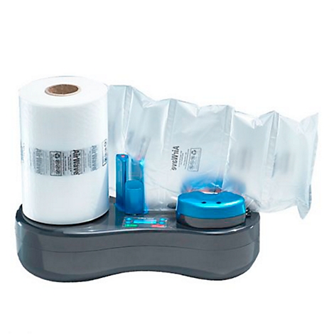 Packaging machine with roll, air cushions and blue elements. Inscription: AirWave.