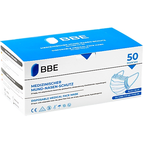 Boîte bleue et blanche avec masques, logo BBE, 50 pièces. Inscription : Protection médicale bouche-nez.