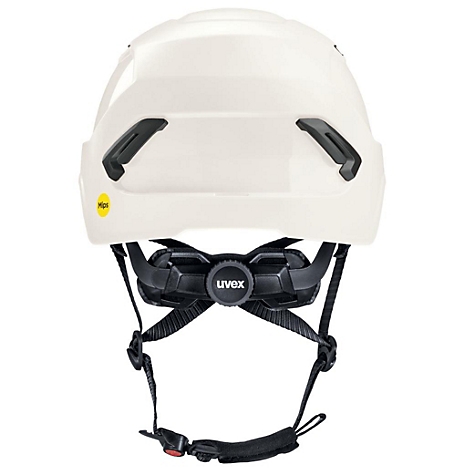 Vue arrière d'un casque de sécurité blanc avec des détails noirs et le logo Uvex.