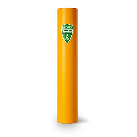 Poteau cylindrique jaune avec un bouclier vert. Le bouclier indique "Eco Rack". En dessous du texte se trouve le symbole de recyclage.