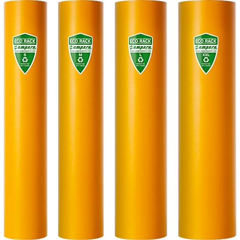 Quatre conteneurs cylindriques jaunes avec logos et indications de taille, sur fond blanc.
