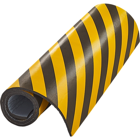 Ruban de protection enroulé avec des rayures jaunes et noires. Le bord est foncé.