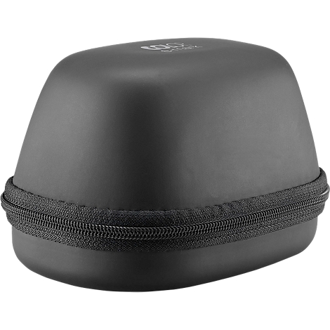 Black, oval case with zipper. A logo is visible in the upper left corner.