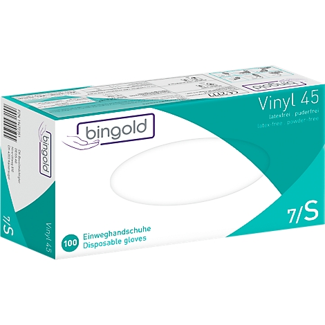 White box with blue and turquoise lettering. Inscription: Vinyl 45, disposable gloves. Brand: bingold.