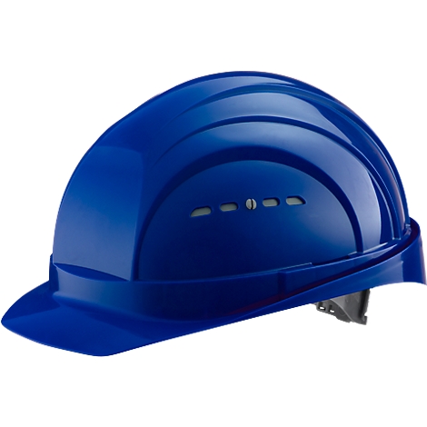 Close-up of a blue construction helmet, showing ventilation slots and chin strap.