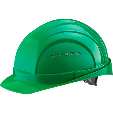 Profile of a green safety helmet. It has a brim, ventilation slots, and an adjustable chin strap.