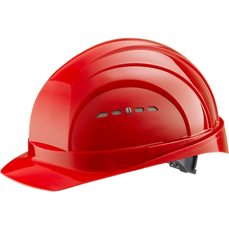 Red safety helmet with a brim. There are ventilation slots on the side.