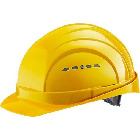 Yellow safety helmet with brim and ventilation holes.
