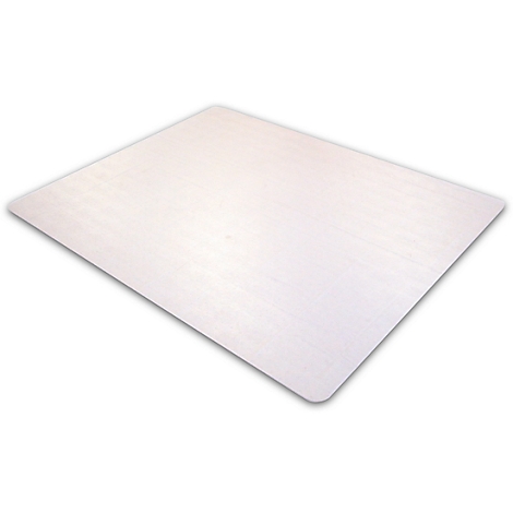 Transparent, rectangular chair mat, seen slightly angled from above. It is lying on a white background.