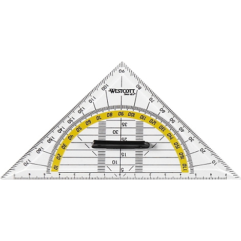 Transparent triangular protractor with yellow angle display and black handle, scale and markings.