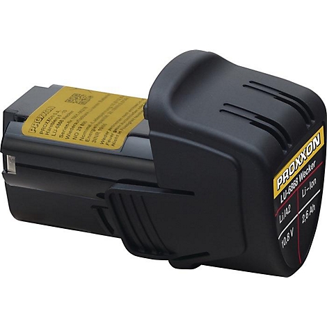 Batterie noire avec une étiquette jaune. Inscription: Proxxon, LU-5886 Wecker, Li-Ion 10.8V 2.6Ah.