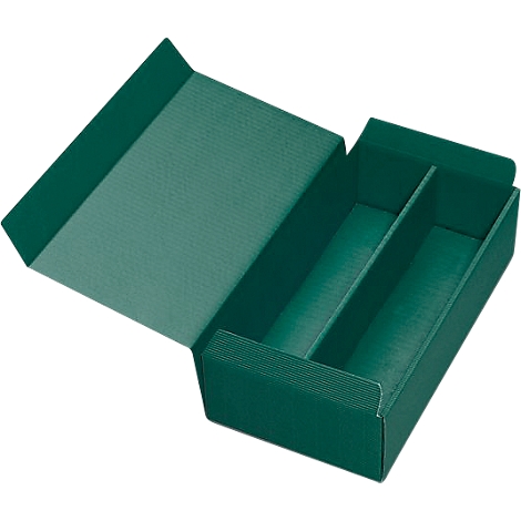 Open green cardboard box with two compartments. The lid is open.