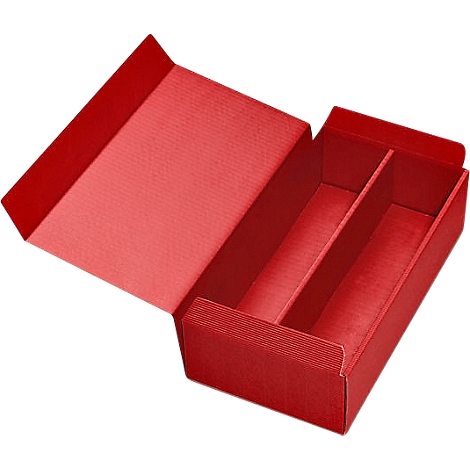 Red box with three compartments, lid open.