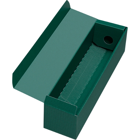 A green box, open. The lid is at an angle, and a plastic part can be seen inside.