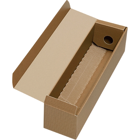 Opened brown cardboard packaging with corrugated structure and inner lining.