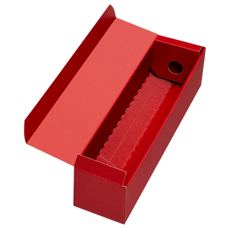Opened red storage box with a ribbed design and a transparent plastic insert.